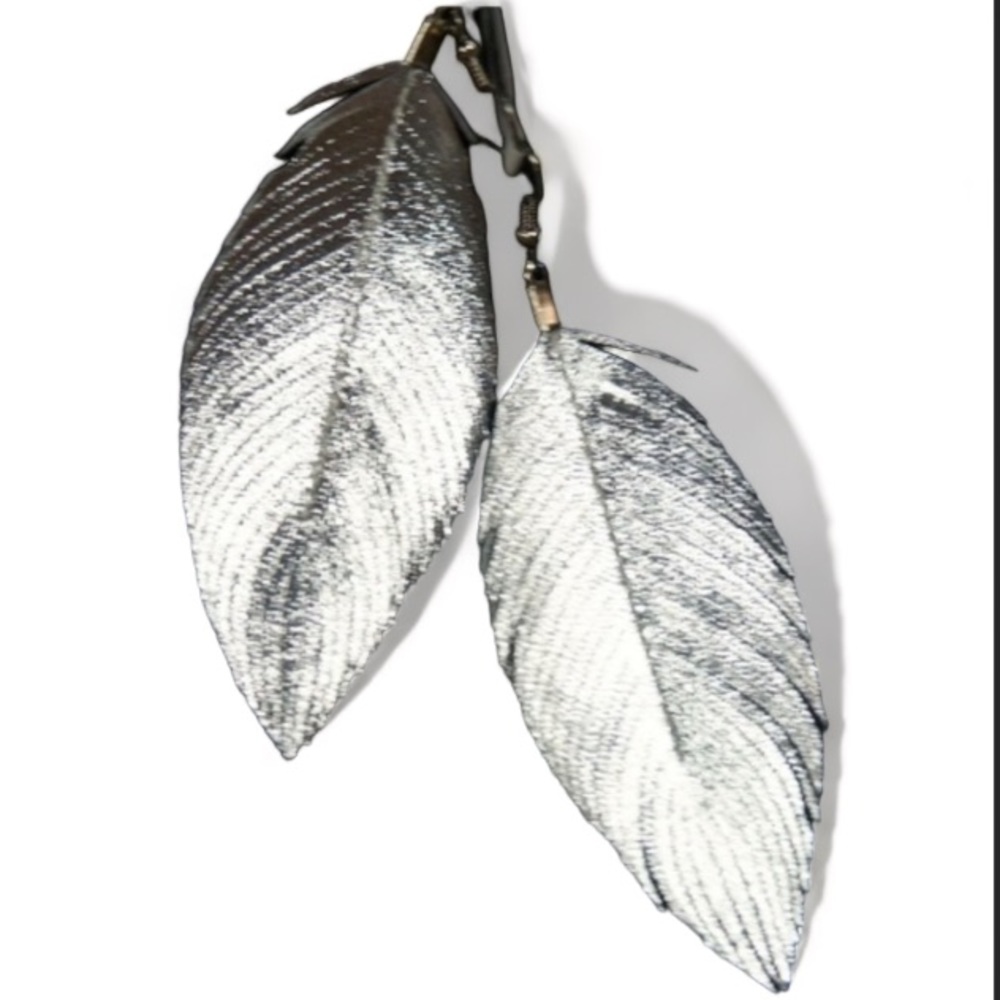 Silver Feather Metallic Genuine Soft Leather Earring NIB Fringe Look